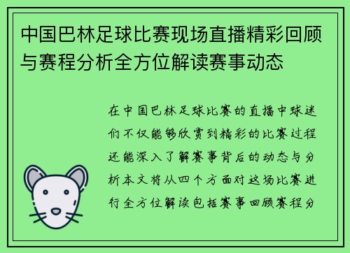 中国巴林足球比赛现场直播精彩回顾与赛程分析全方位解读赛事动态
